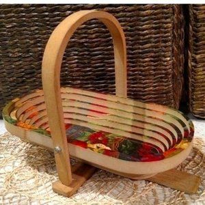 Vintage Collapsible Fruit Basket, Wood Wall Hanging and Trivet, Fruit Print GUC